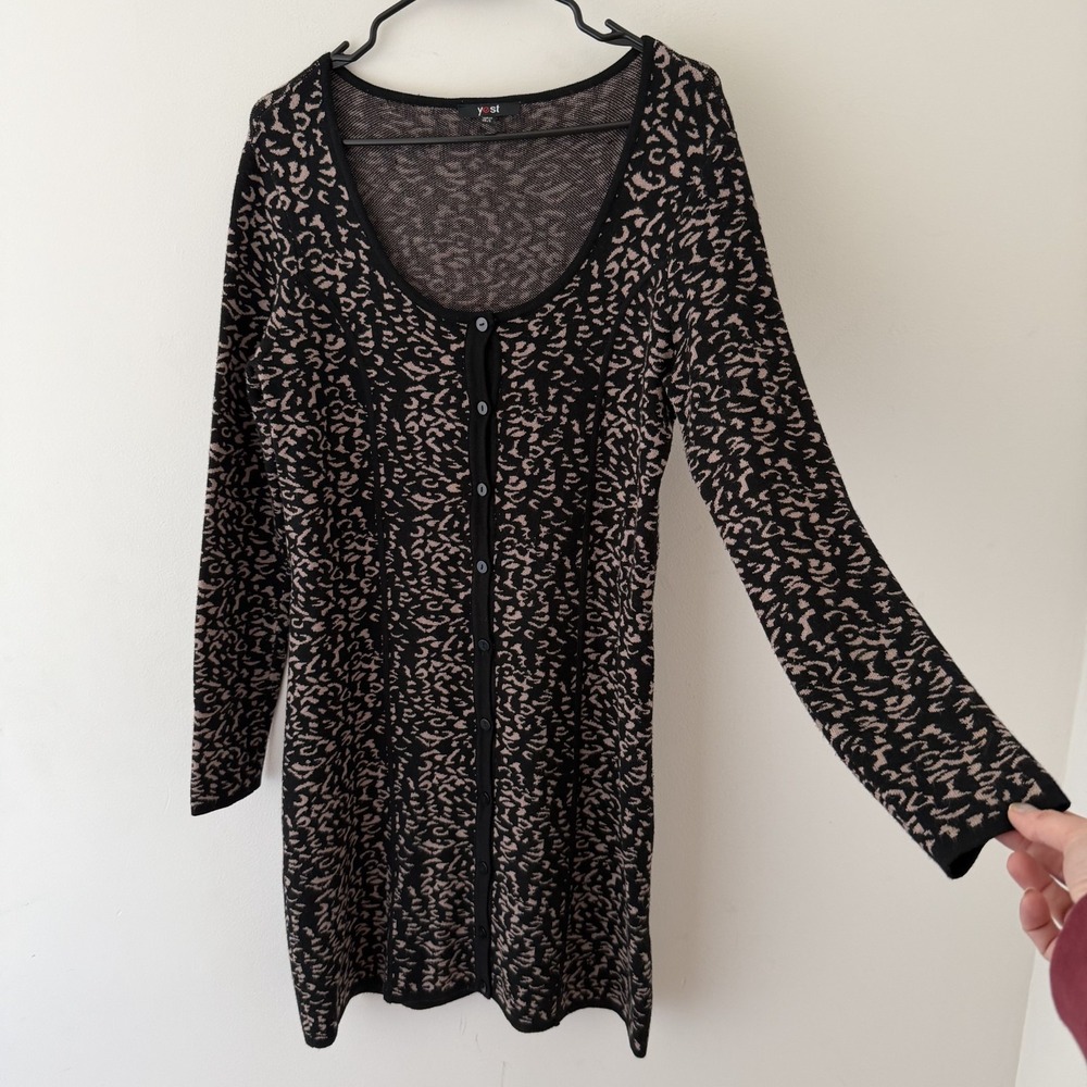 Y2K Leopard‎ Print Knit Sweater Dress Long Sleeve Button Front Brown Mob Wife M